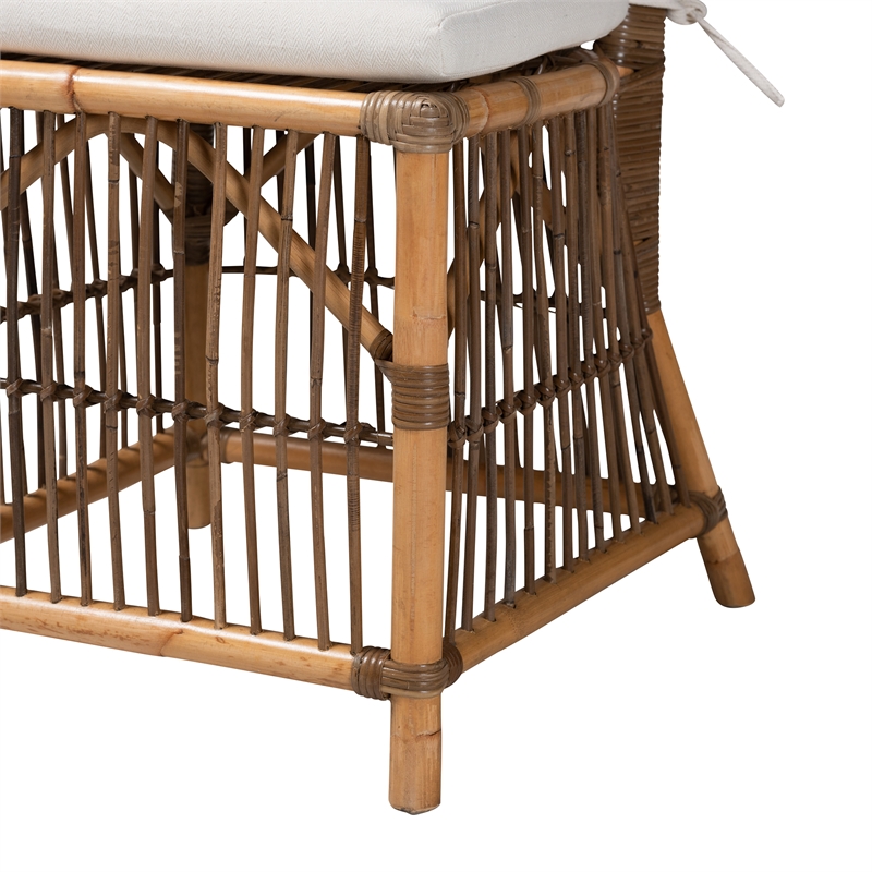 Baxton Studio Kim White Fabric and Natural Brown Rattan Dining Chair