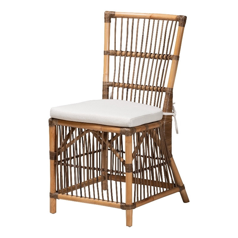Baxton Studio Kim White Fabric and Natural Brown Rattan Dining Chair