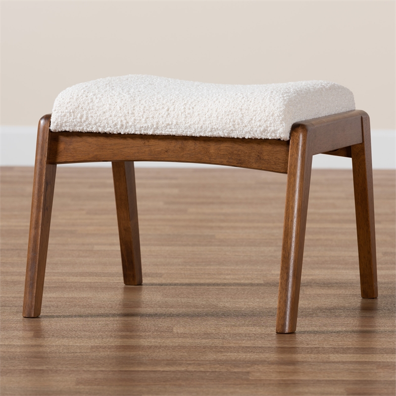 Baxton Studio Roxy White Boucle Upholstered and Brown Wood Ottoman Footstool