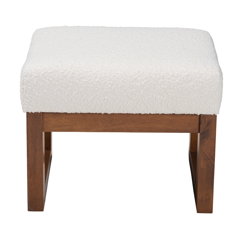 Baxton Studio Yashiya White Boucle Upholstered and Brown Wood Ottoman Footstool