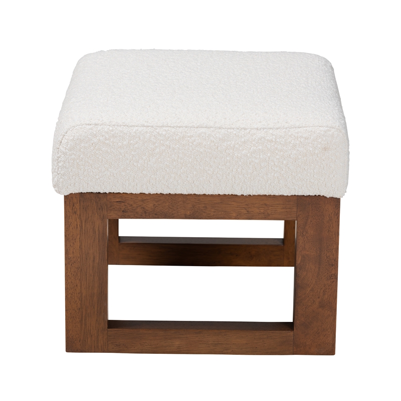 Baxton Studio Yashiya White Boucle Upholstered and Brown Wood Ottoman Footstool