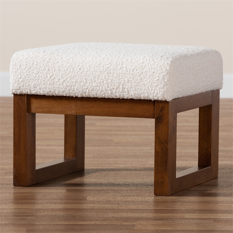 Baxton Studio Yashiya White Boucle Upholstered and Brown Wood Ottoman Footstool