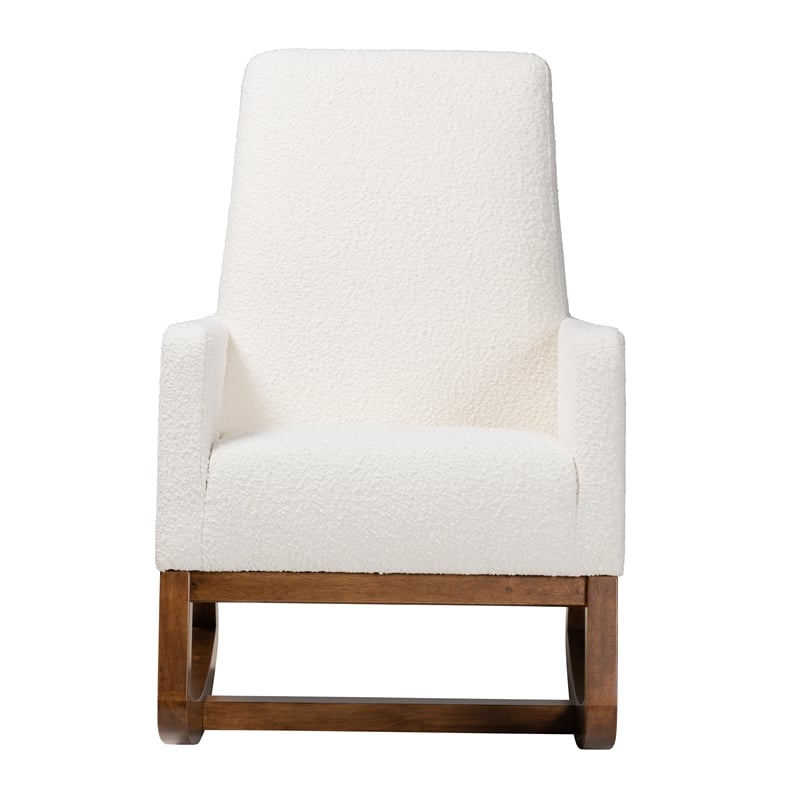 Baxton Studio Yashiya White Boucle Upholstered and Brown Wood Rocking Chair