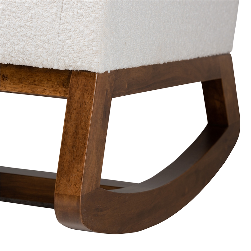 Baxton Studio Yashiya White Boucle Upholstered and Brown Wood Rocking Chair