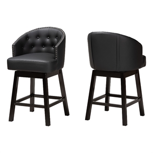 Baxton Studio Theron Black Faux Leather and Brown Wood 2-Piece Counter Stool Set