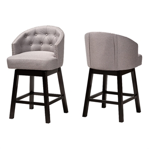 Baxton Studio Theron Gray Fabric and Brown Wood 2-Piece Swivel Counter Stool Set
