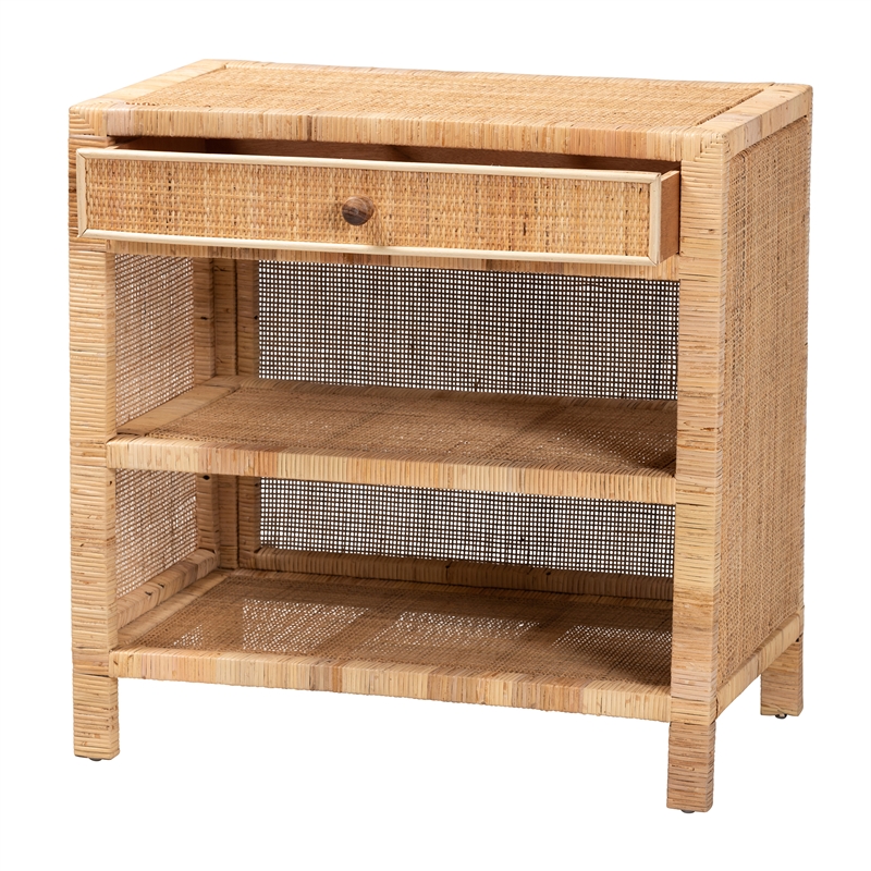 Baxton Studio Bella Brown Mahogany Wood and Rattan 1-Drawer Console Table