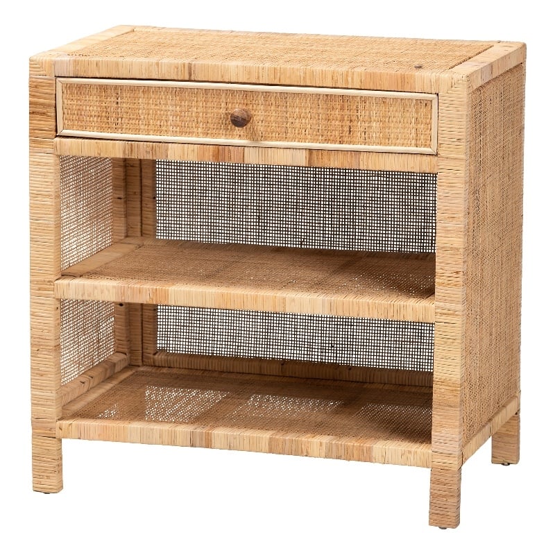 Baxton Studio Bella Brown Mahogany Wood and Rattan 1-Drawer Console Table