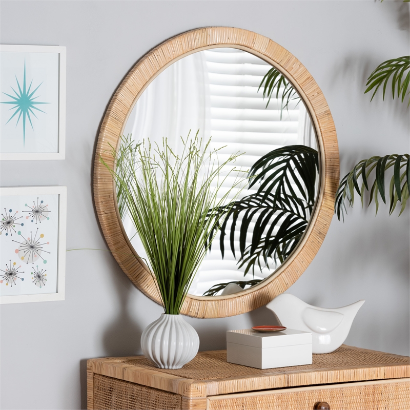 Baxton Studio Bella Natural Brown Mahognay Wood and Natural Rattan Round Mirror