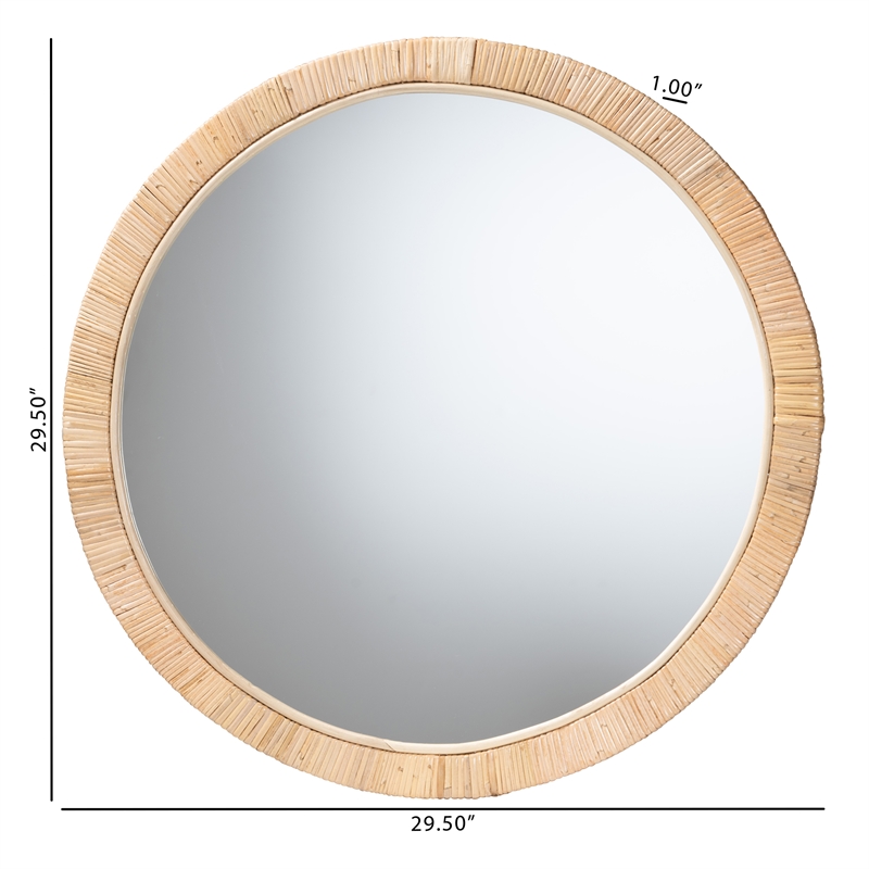 Baxton Studio Bella Natural Brown Mahognay Wood and Natural Rattan Round Mirror