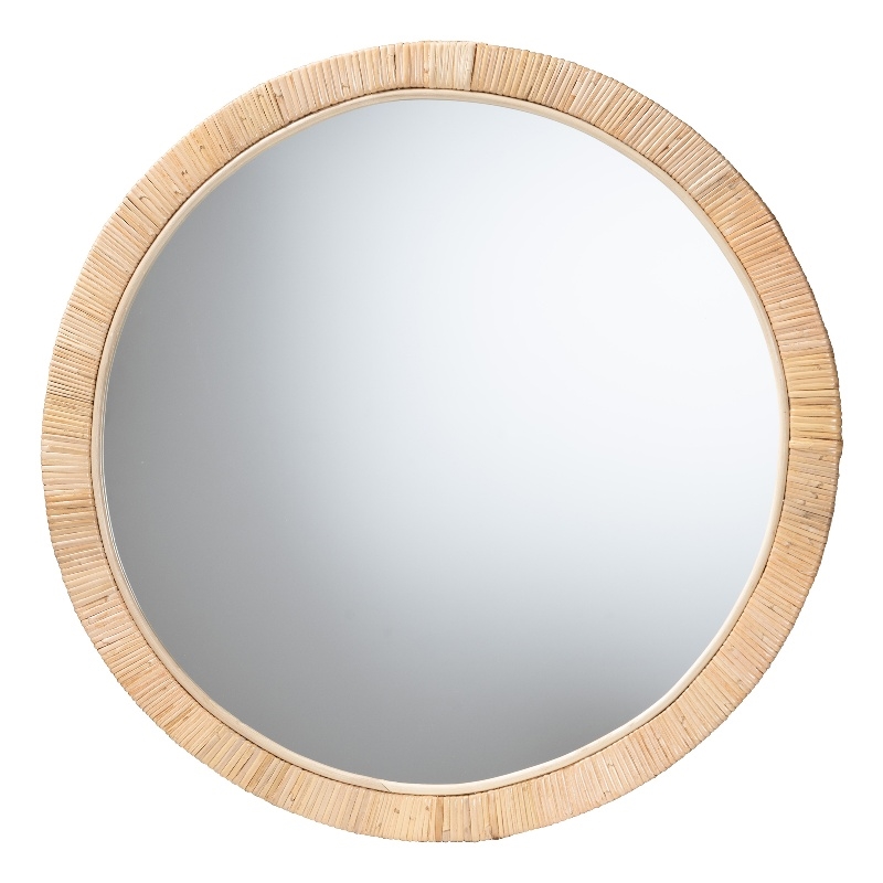 Baxton Studio Bella Natural Brown Mahognay Wood and Natural Rattan Round Mirror