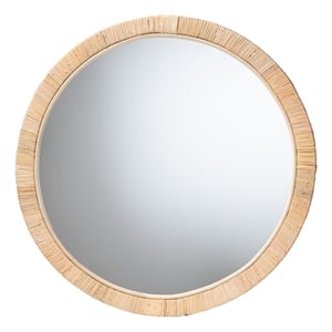 Baxton Studio Bella Natural Brown Mahognay Wood and Natural Rattan Round Mirror