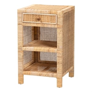 Baxton Studio Bella Brown Mahogany Wood and Natural Rattan 1-Drawer Nightstand