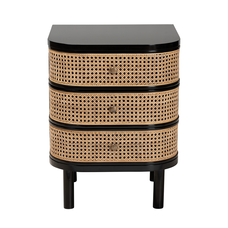 Baxton Studio Nabila Black Bayur Wood and Rattan 3-Drawer End Table Nightstand