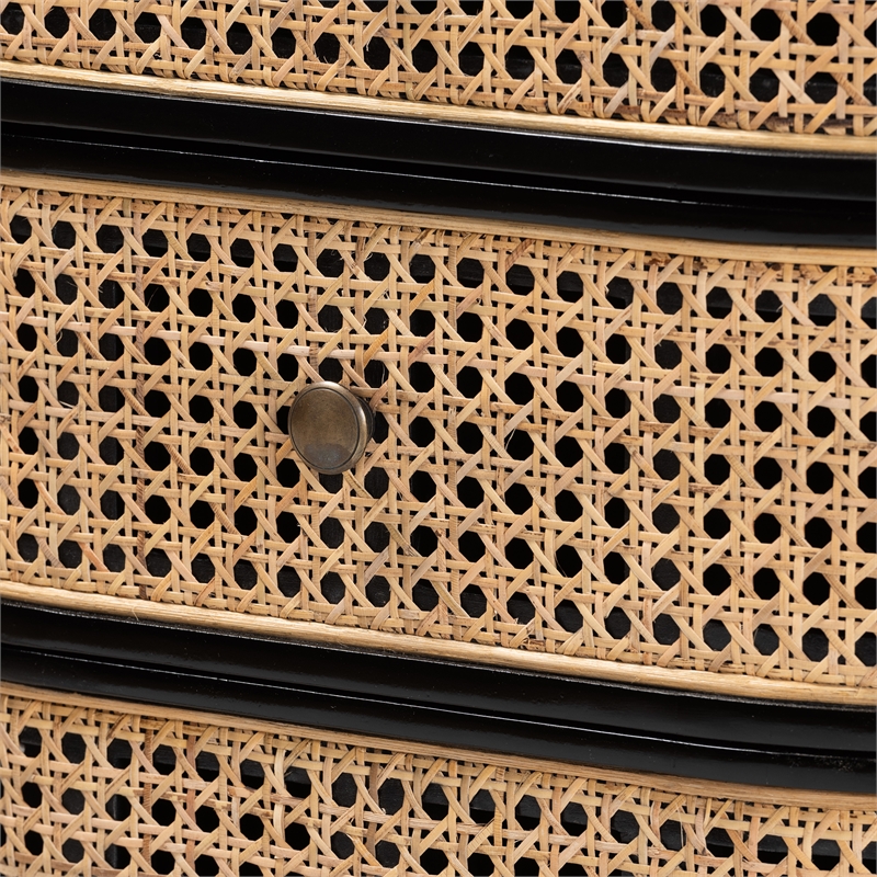 Baxton Studio Nabila Black Bayur Wood and Rattan 3-Drawer End Table Nightstand