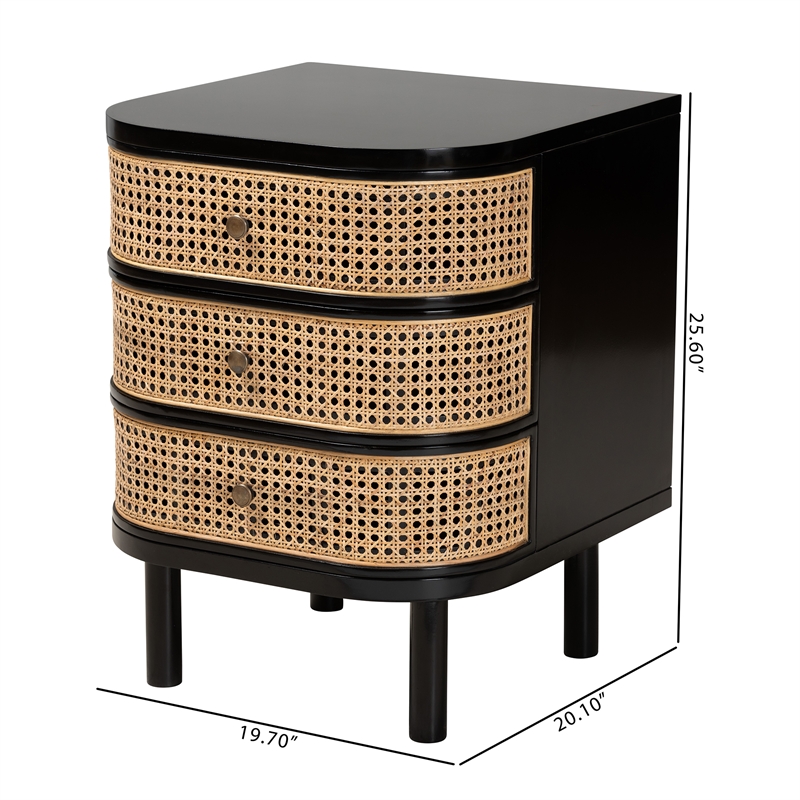 Baxton Studio Nabila Black Bayur Wood and Rattan 3-Drawer End Table Nightstand
