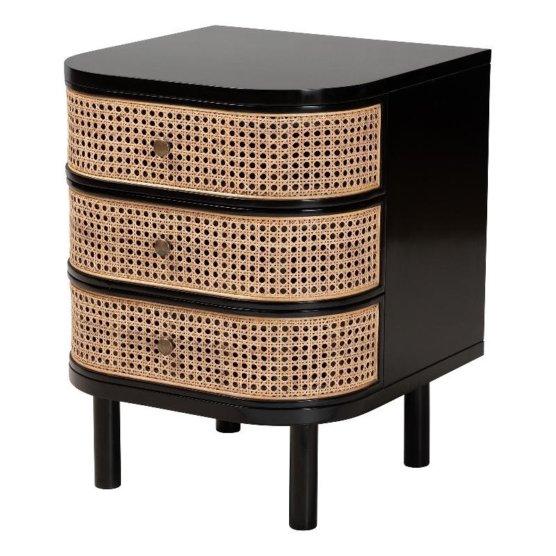 Baxton Studio Nabila Black Bayur Wood and Rattan 3-Drawer End Table Nightstand