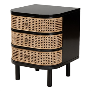 Baxton Studio Nabila Black Bayur Wood and Rattan 3-Drawer End Table Nightstand