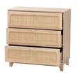 Baxton Studio Elsbeth Brown Wood and Natural Rattan 3-Drawer Storage Cabinet