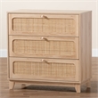 Baxton Studio Elsbeth Brown Wood and Natural Rattan 3-Drawer Storage Cabinet