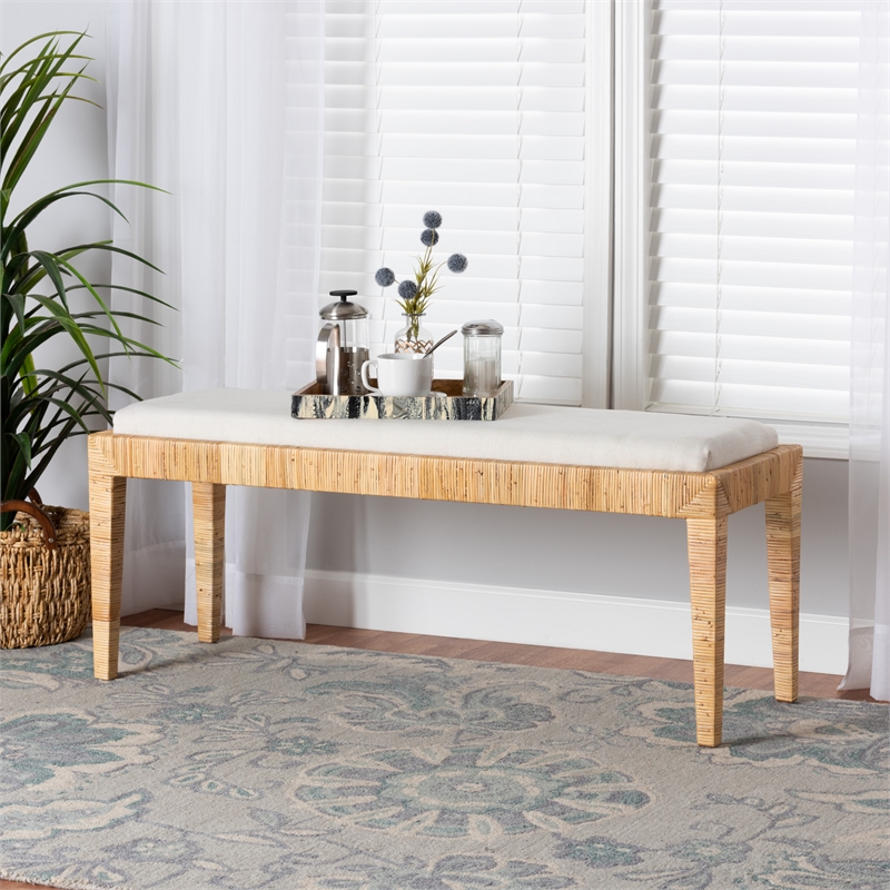 Baxton Studio Sofia Bohemian Natural Brown Rattan and Mahogany Wood Bench