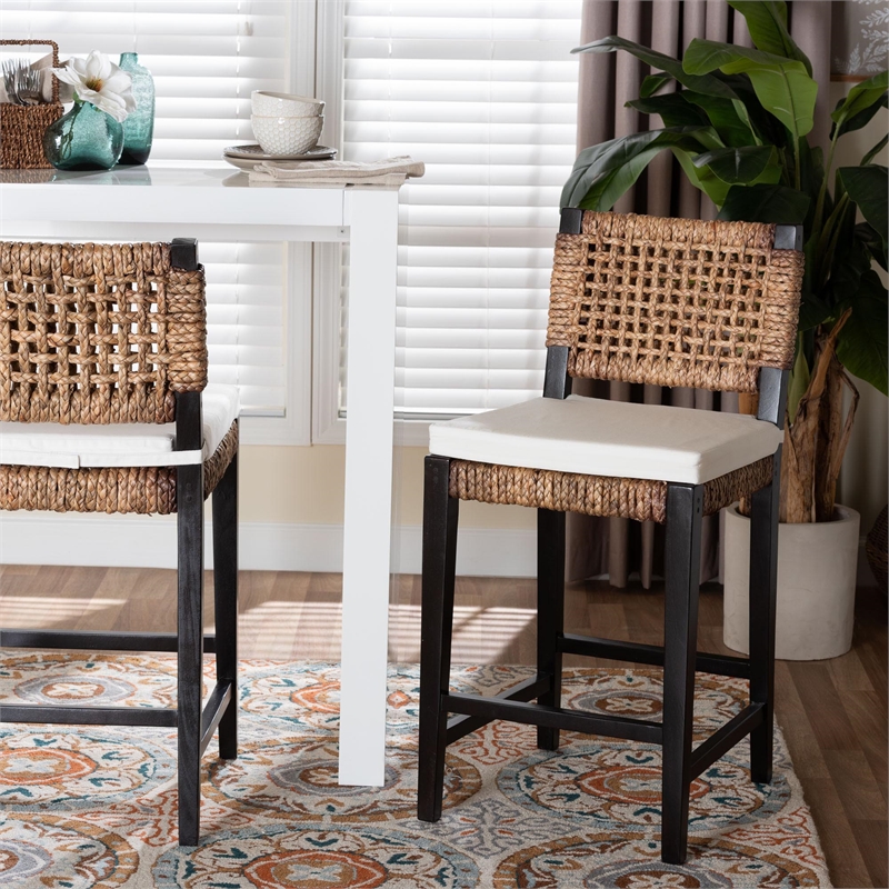 Baxton Studio Alise Dark Brown Mahogany Wood and Banana Fiber Counter Stool