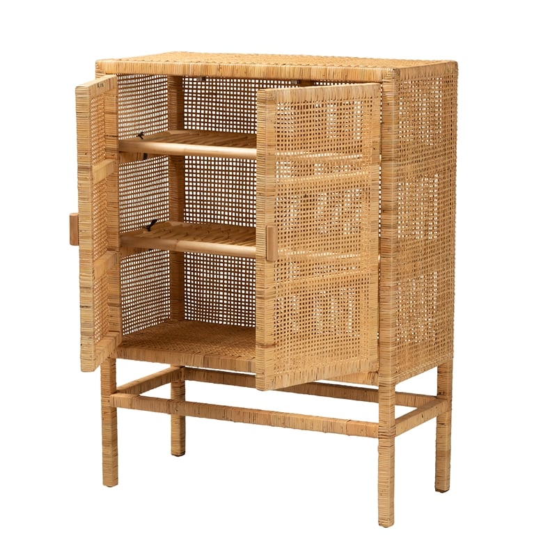 Baxton Studio Vivan Brown Rattan and Mahogany Wood 3-Shelf Storage Cabinet
