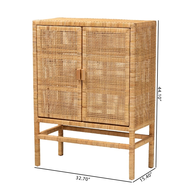 Baxton Studio Vivan Brown Rattan and Mahogany Wood 3-Shelf Storage Cabinet