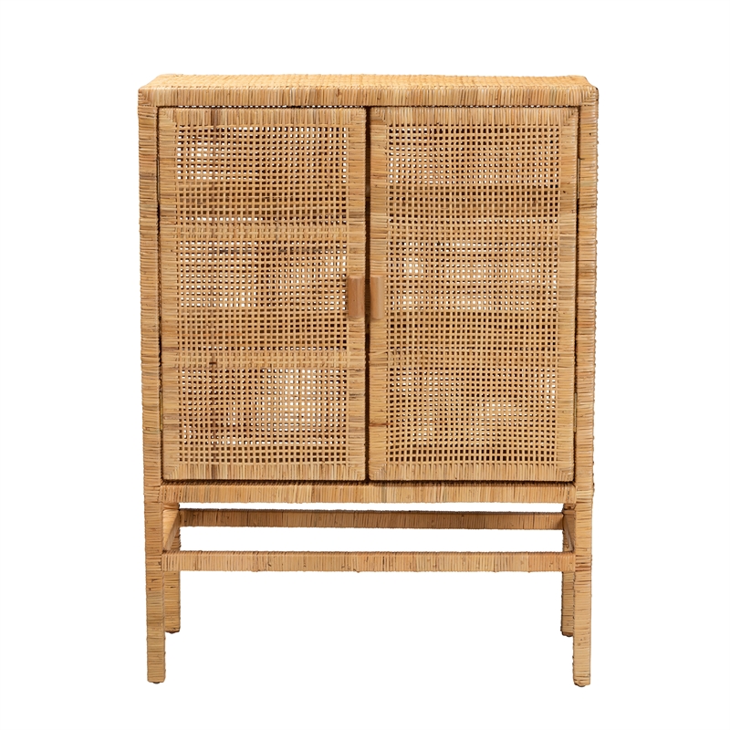Baxton Studio Vivan Brown Rattan and Mahogany Wood 3-Shelf Storage Cabinet