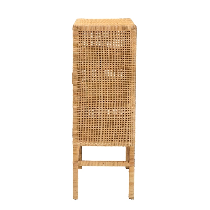 Baxton Studio Vivan Brown Rattan and Mahogany Wood 3-Shelf Storage Cabinet