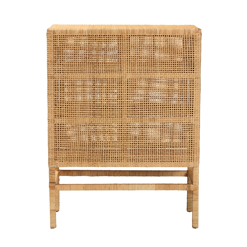 Baxton Studio Vivan Brown Rattan and Mahogany Wood 3-Shelf Storage Cabinet