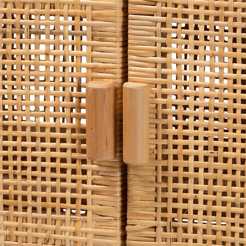 Baxton Studio Vivan Brown Rattan and Mahogany Wood 3-Shelf Storage Cabinet