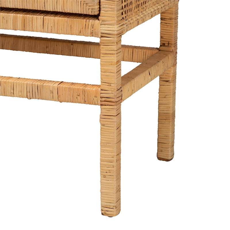 Baxton Studio Vivan Brown Rattan and Mahogany Wood 3-Shelf Storage Cabinet