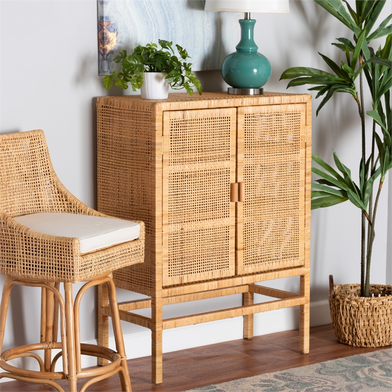 Baxton Studio Vivan Brown Rattan and Mahogany Wood 3-Shelf Storage Cabinet