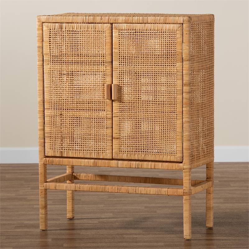 Baxton Studio Vivan Brown Rattan and Mahogany Wood 3-Shelf Storage Cabinet