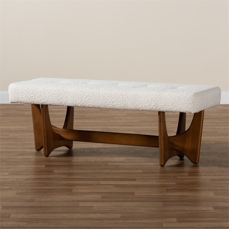 Baxton Studio Theo Cream Boucle Fabric and Walnut Brown Finished Wood Bench