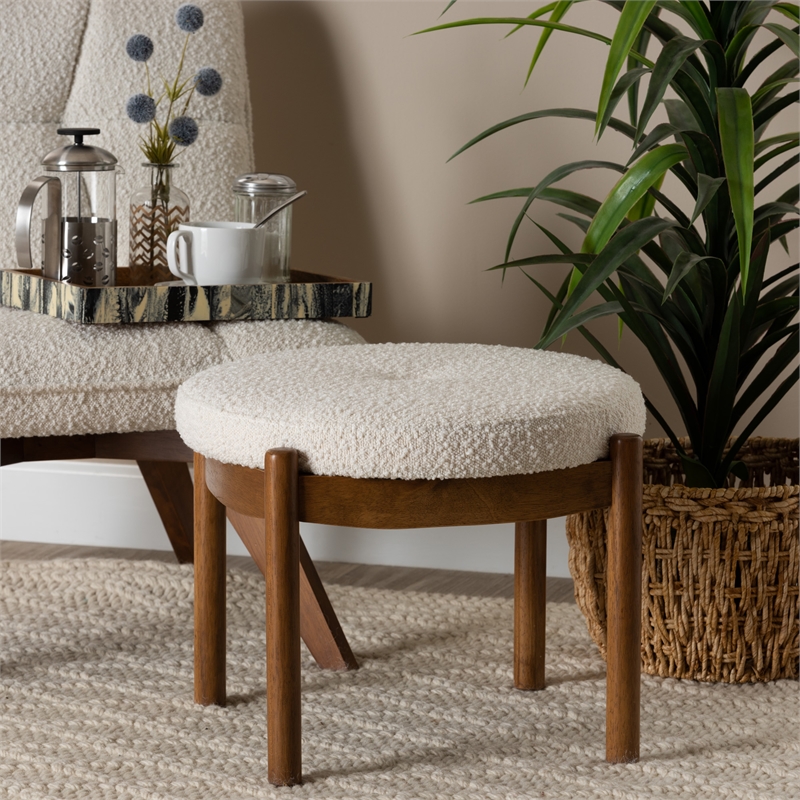 Baxton Studio Iliana Cream Boucle Fabric and Brown Rubberwood Ottoman Footstool