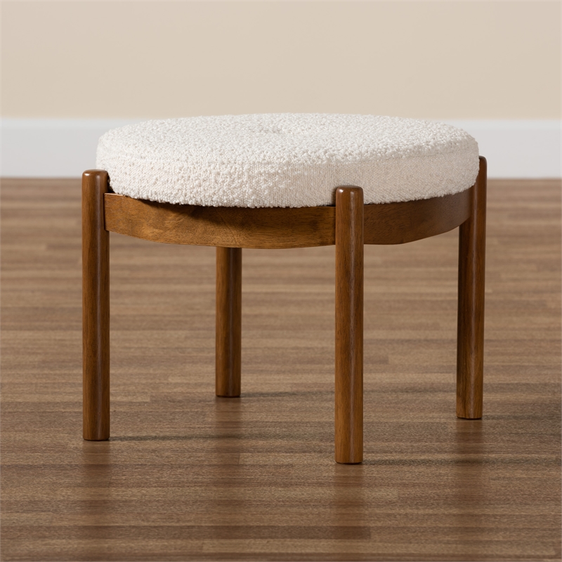 Baxton Studio Iliana Cream Boucle Fabric and Brown Rubberwood Ottoman Footstool