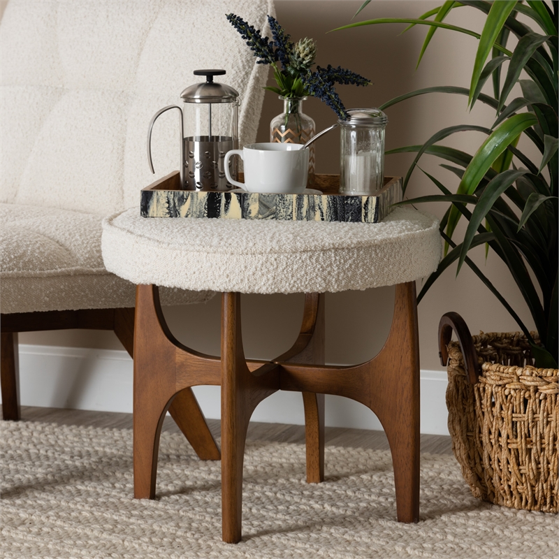 Baxton Studio Theo Cream Boucle Fabric and Brown Rubberwood Ottoman Footstool