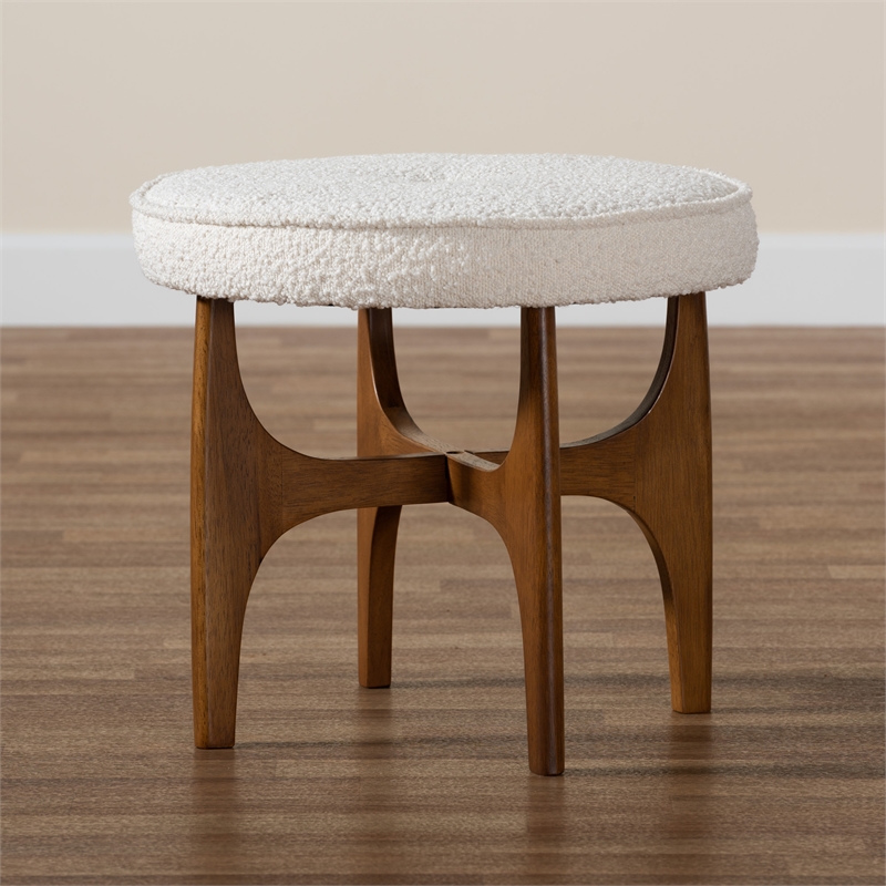 Baxton Studio Theo Cream Boucle Fabric and Brown Rubberwood Ottoman Footstool