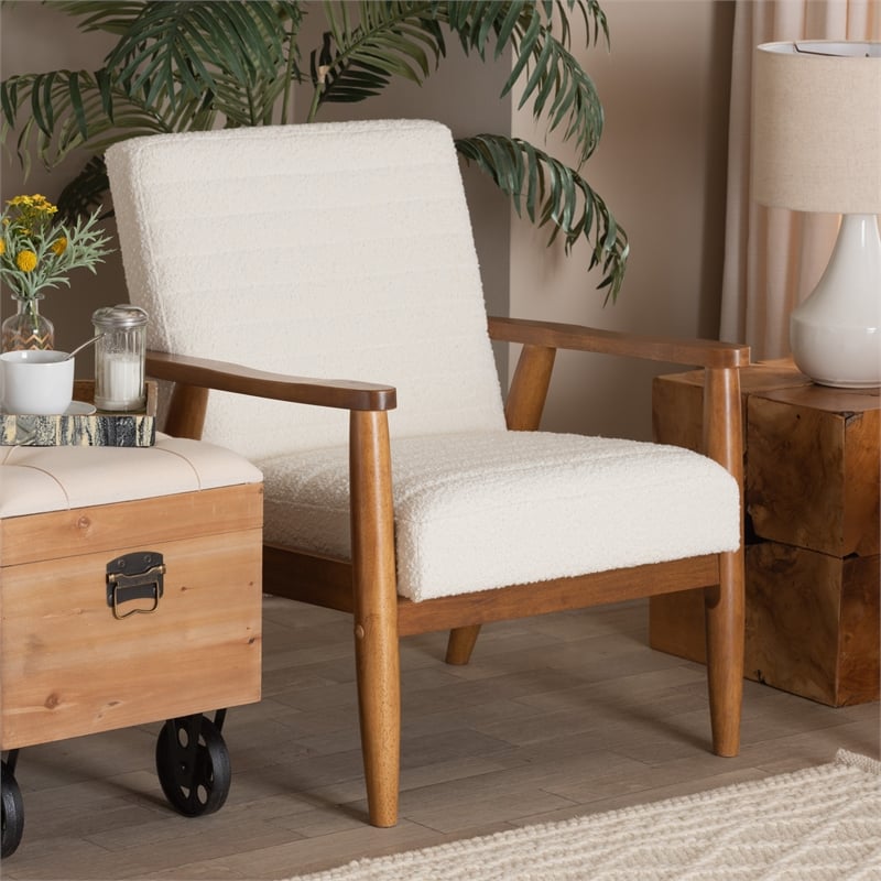 Baxton Studio Stratton Cream Boucle Fabric and Walnut Brown Wood Armchair