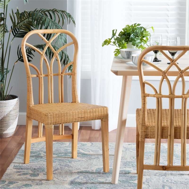 Baxton Studio Monaco Oak Brown Mahogany Wood and Natural Rattan Dining Chair