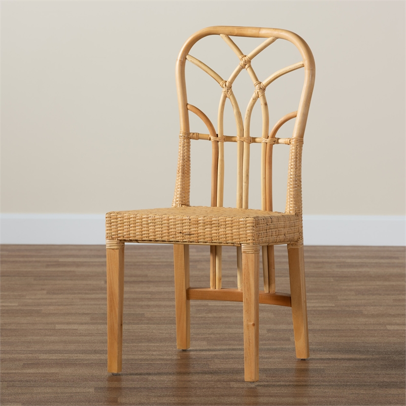 Baxton Studio Monaco Oak Brown Mahogany Wood and Natural Rattan Dining Chair
