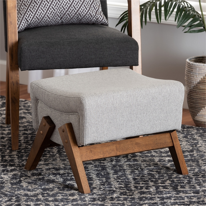 Baxton Studio Hanson Light Grey Fabric and Walnut Brown Finished Wood Ottoman