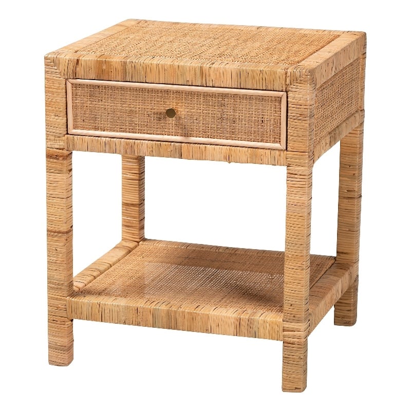 Baxton Studio Adelia Natural Rattan and Mahogany Wood 1-Drawer Nightstand