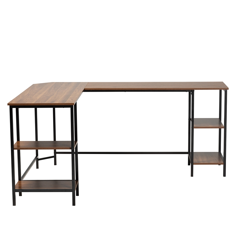 Baxton Studio Lydia Brown Wood and Black Metal L-Shaped Desk with Shelves