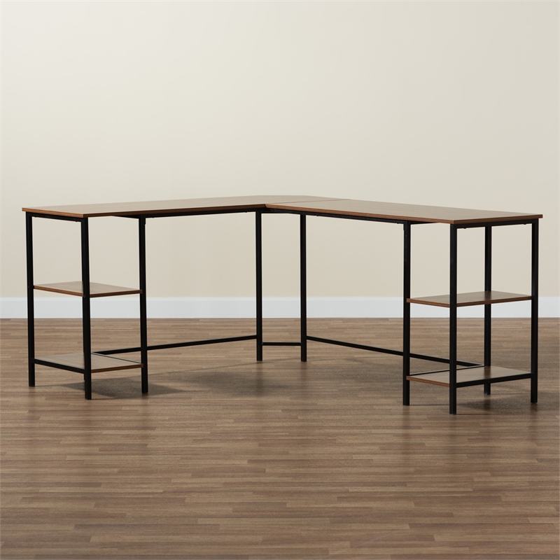 Baxton Studio Lydia Brown Wood and Black Metal L-Shaped Desk with Shelves