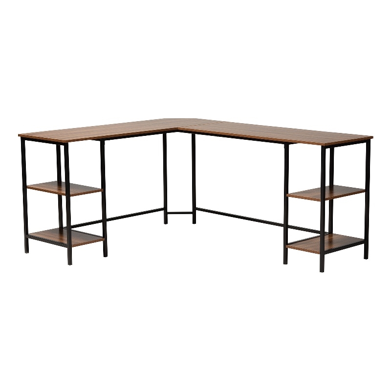 Baxton Studio Lydia Brown Wood and Black Metal L-Shaped Desk with Shelves