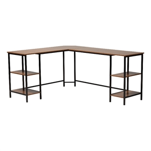 Baxton Studio Lydia Brown Wood and Black Metal L-Shaped Desk with Shelves
