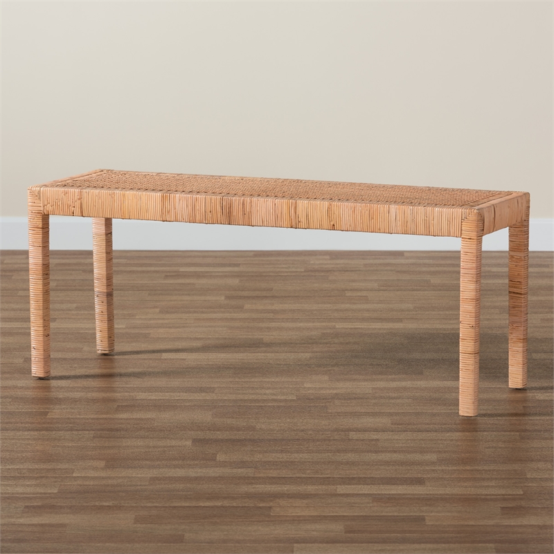 Baxton Studio Abelia Natural Rattan and Mahogany Wood Long Accent Bench